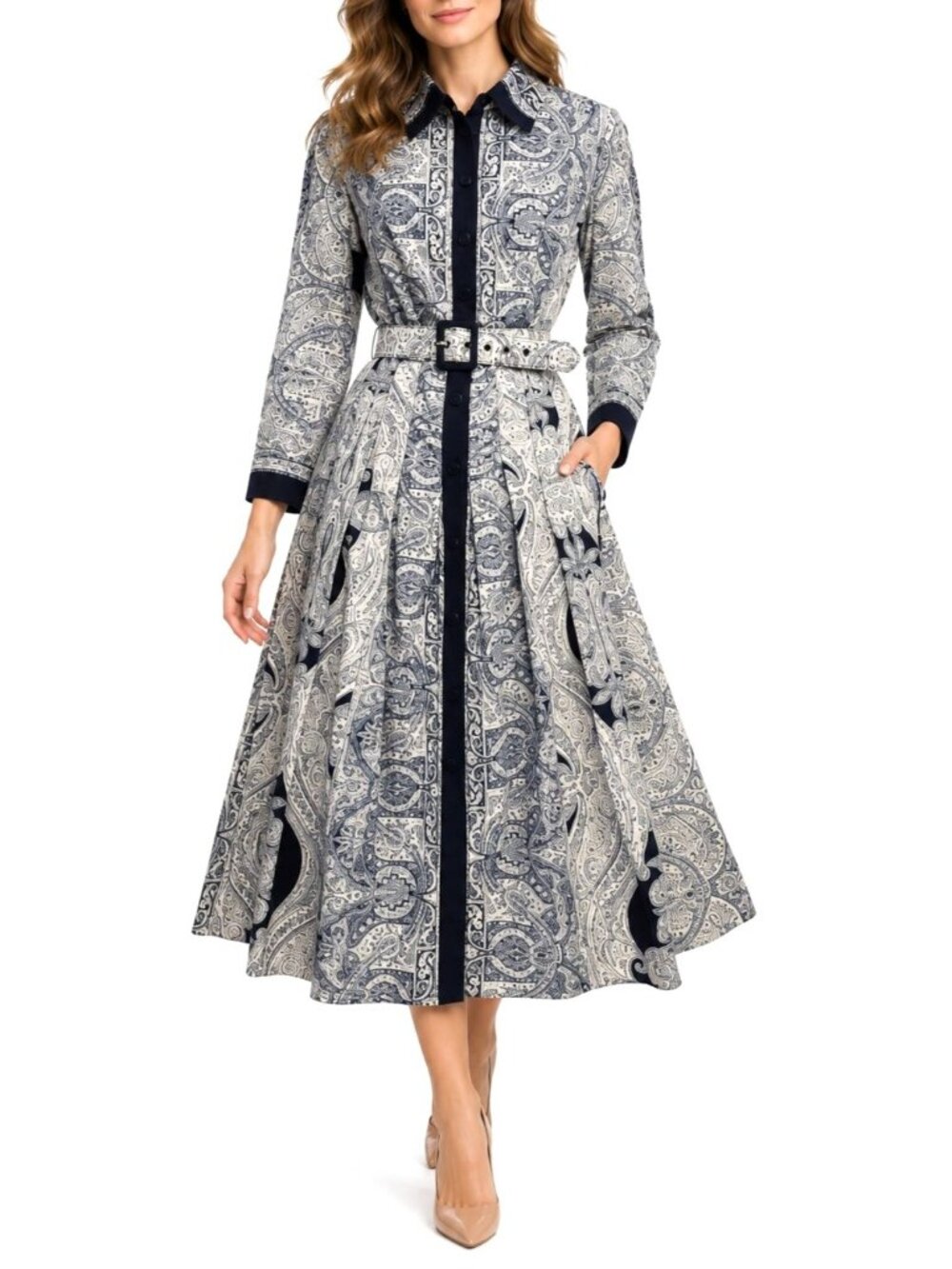 Rickie Freeman Teri Jon Paisley Shirt Dress Belted Cotton Fit & Flare Midi
